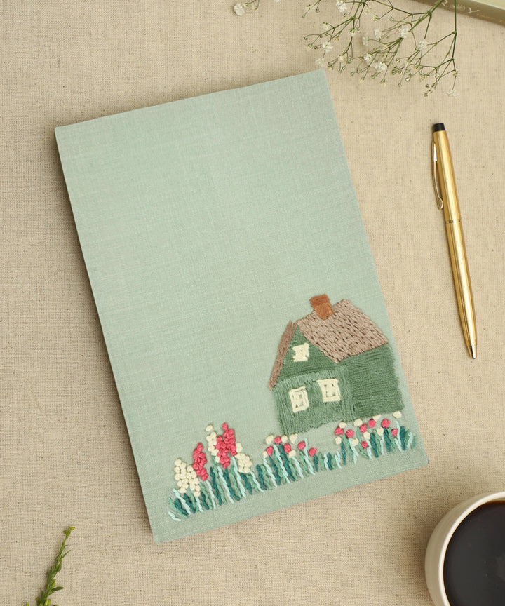 Sage Green Cotton Hand Embroidered Diary (Handmade Paper)