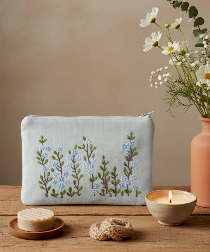 Beige Hand Embroidered Cotton Utility Pouch