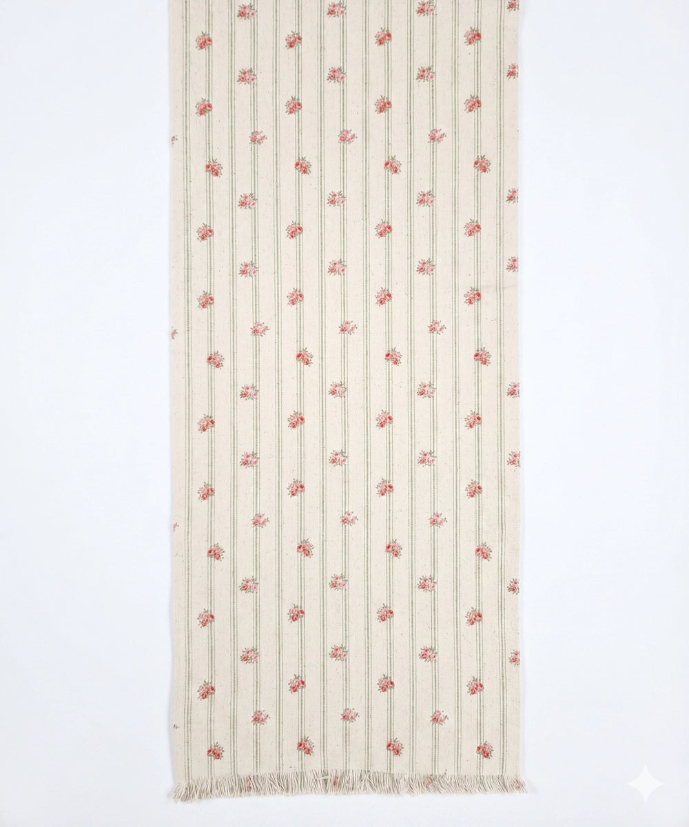 6 Seater Cotton Ditsy Stripe Printed Table Runner with Fringes