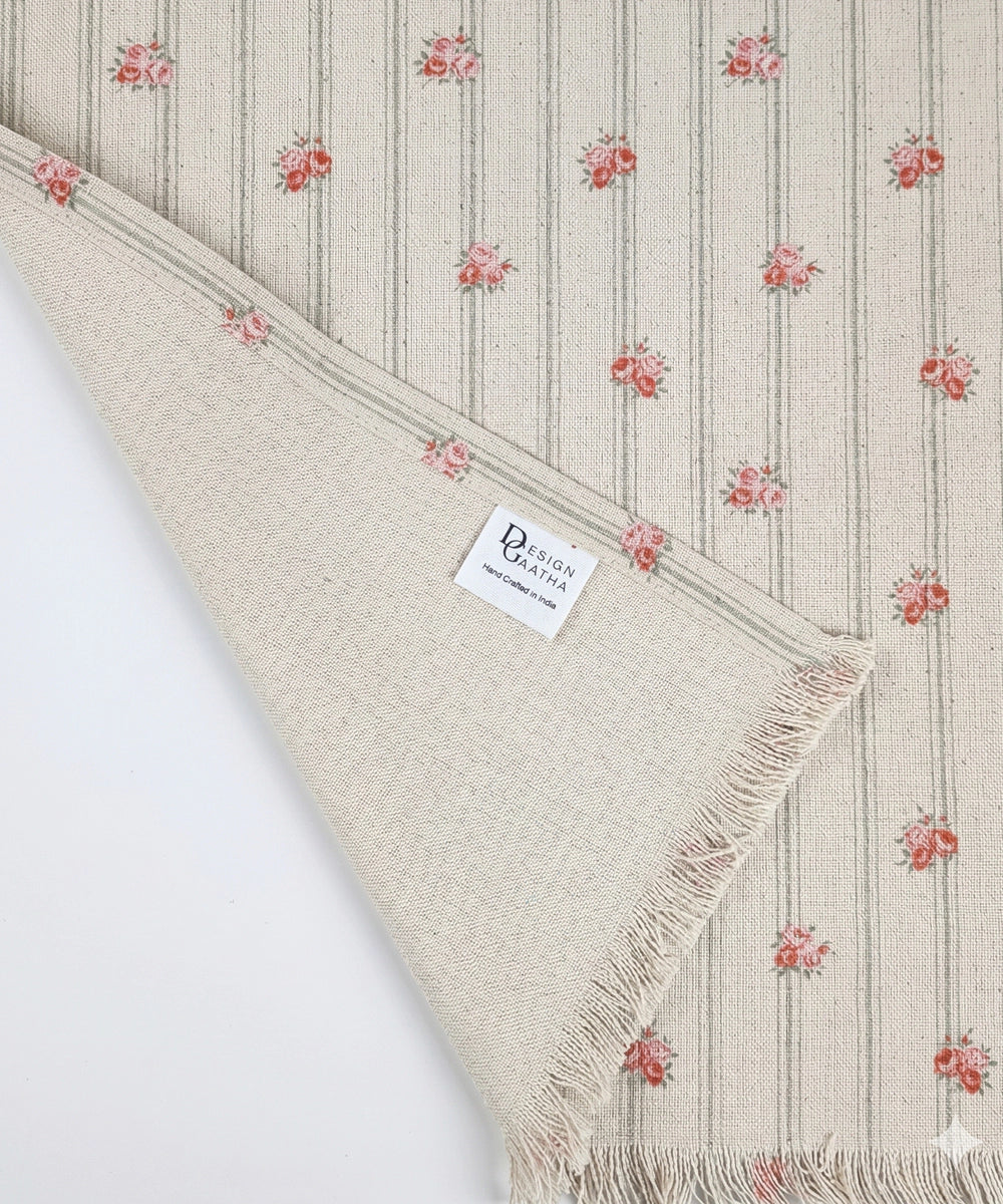 6 Seater Cotton Ditsy Stripe Printed Table Runner with Fringes