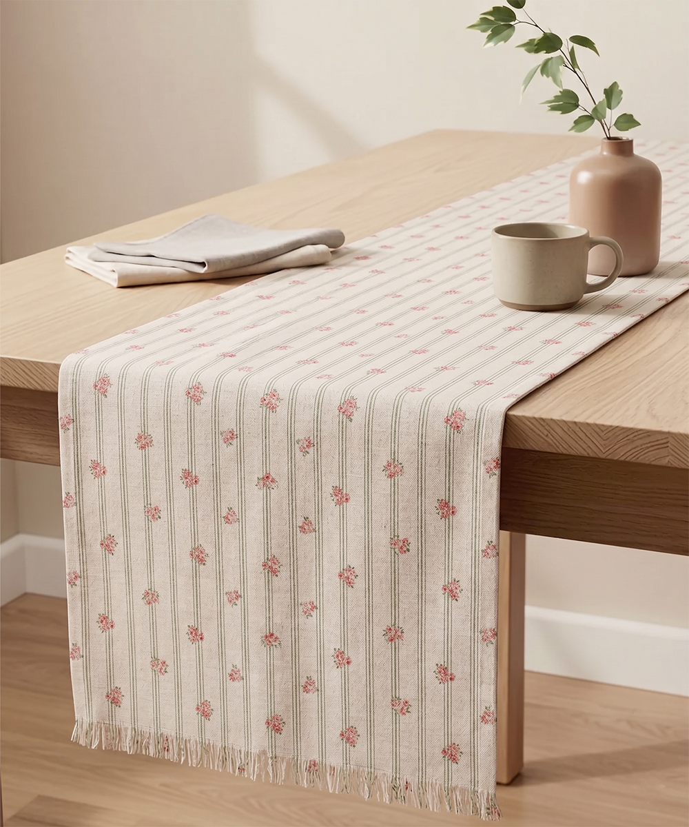 6 Seater Cotton Ditsy Stripe Printed Table Runner with Fringes