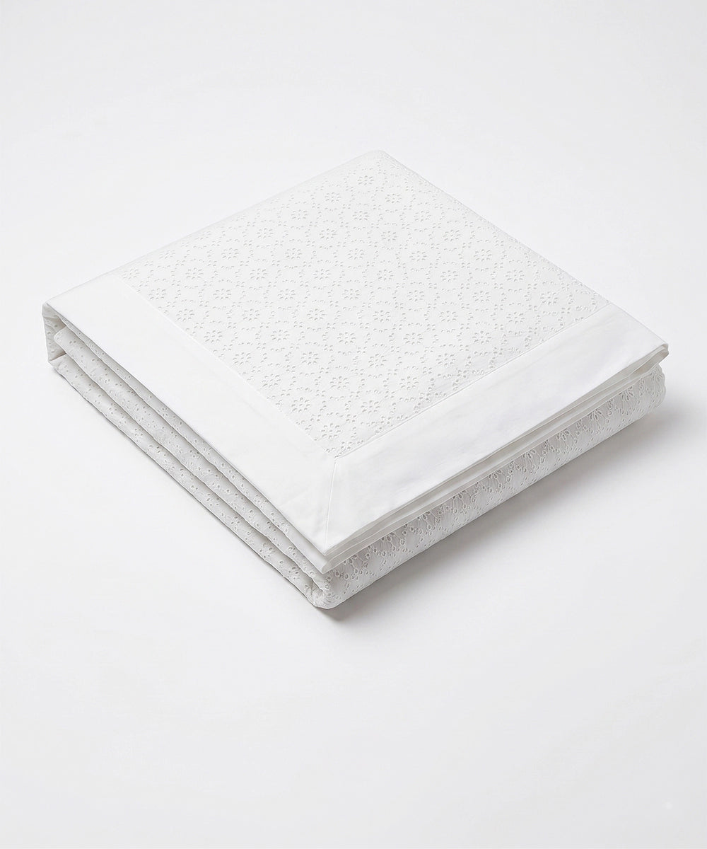Off White Schiffli Embroidered Cotton Double Dohar with flannel layer inside
