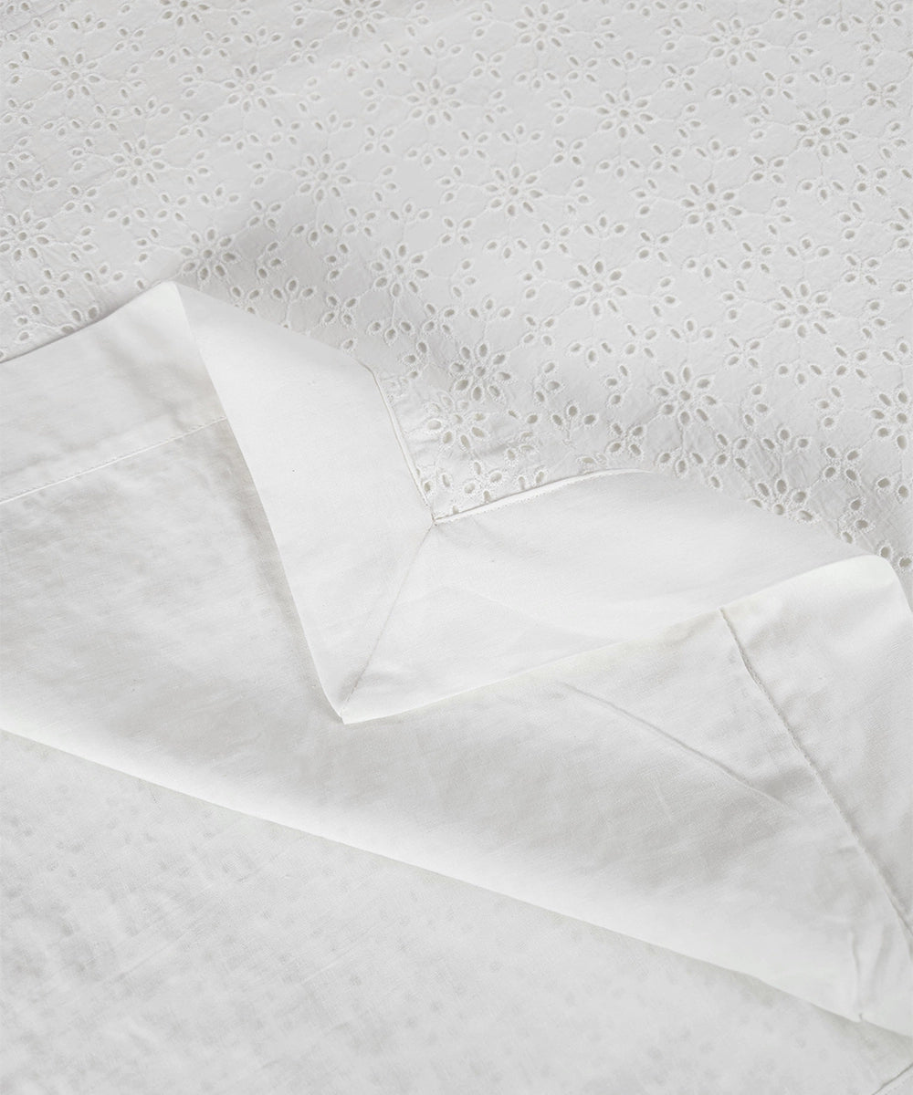 Off White Schiffli Embroidered Cotton Double Dohar with flannel layer inside
