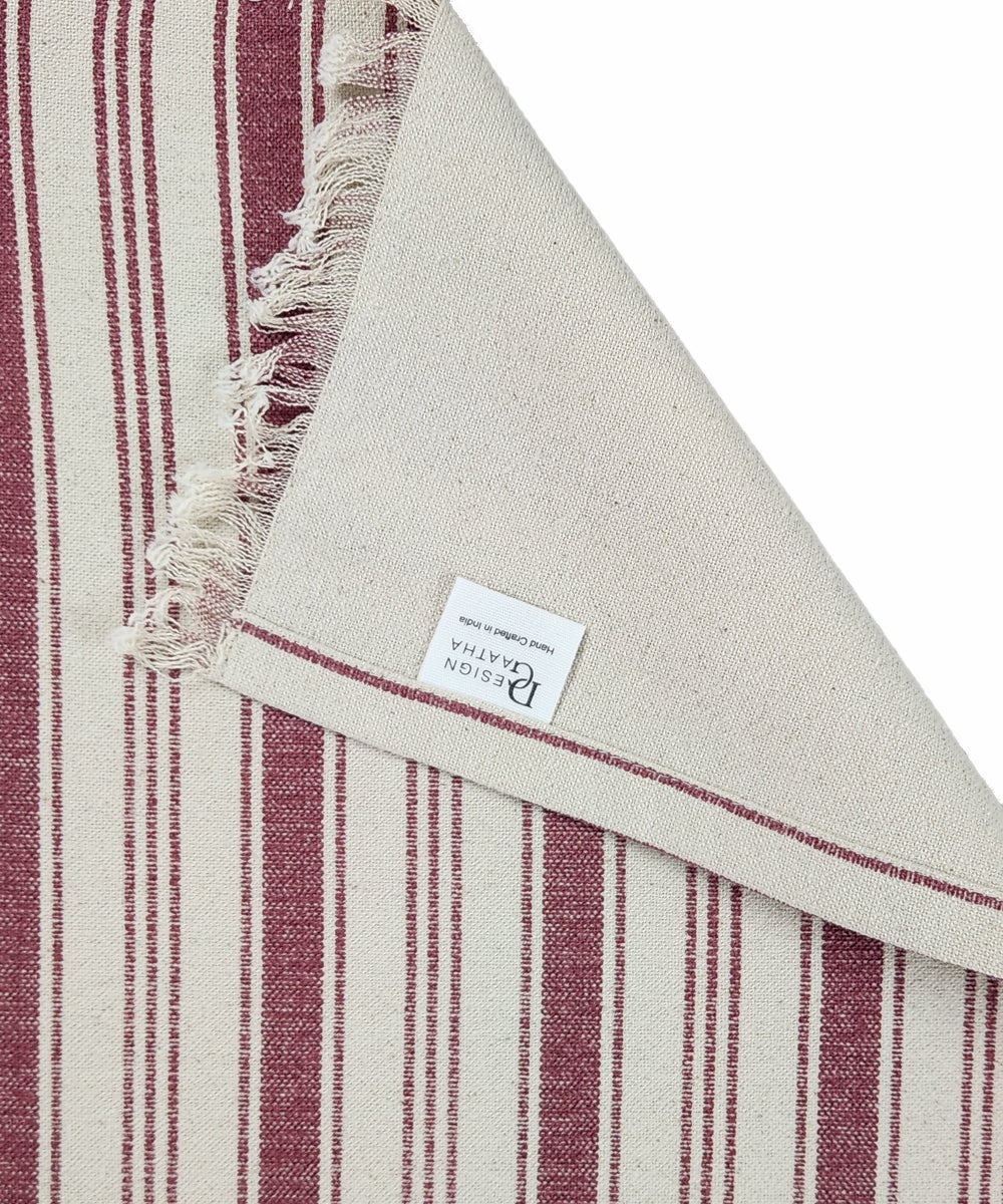 4 Seater Printed Burgundy Stripe Cotton Table Runner with fringes