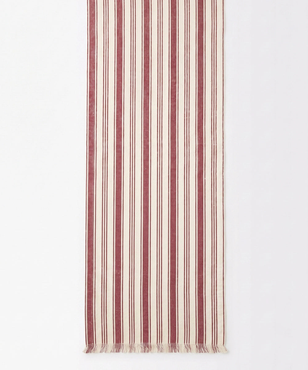 4 Seater Printed Burgundy Stripe Cotton Table Runner with fringes