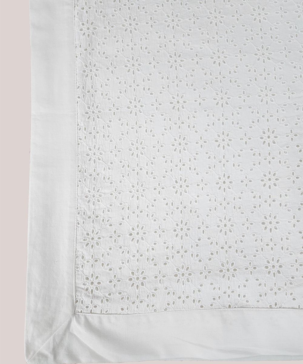Off White Schiffli Embroidered Cotton Double Dohar with flannel layer inside
