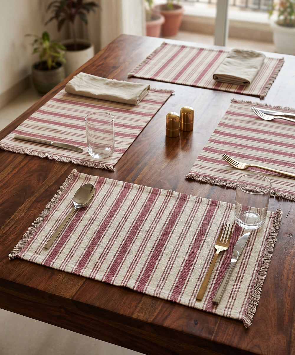 Set of 4 pcs Burgundy Printed Stripe Cotton Table Mats