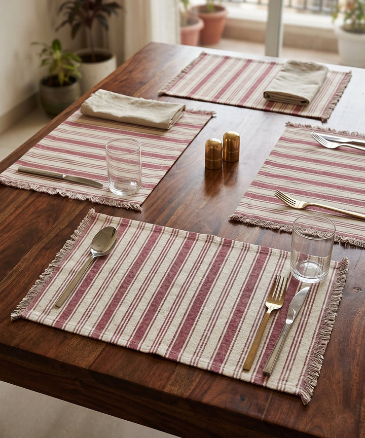 Set of 4 pcs Burgundy Printed Stripe Cotton Table Mats