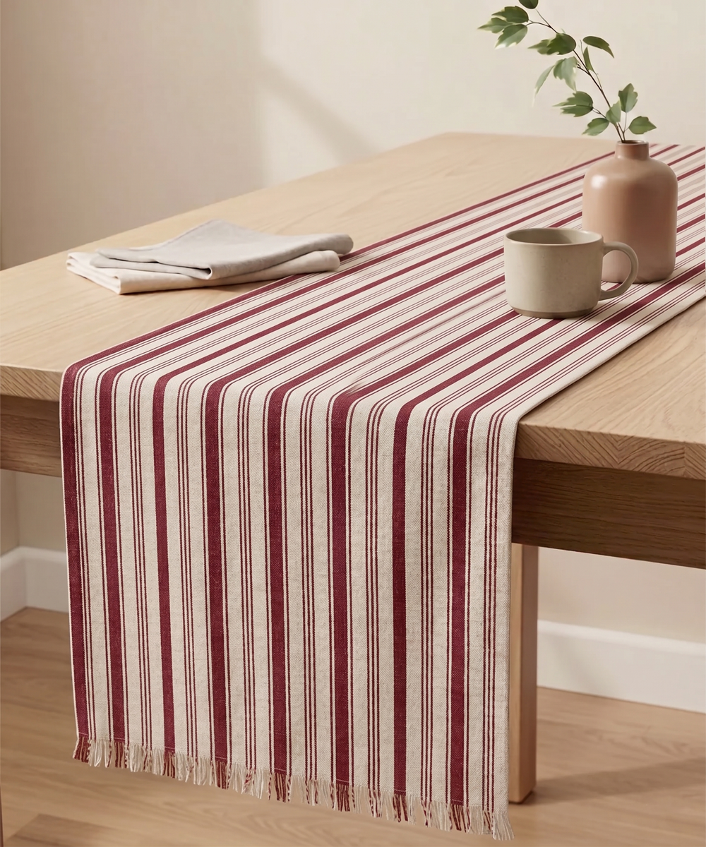 4 Seater Printed Burgundy Stripe Cotton Table Runner with fringes