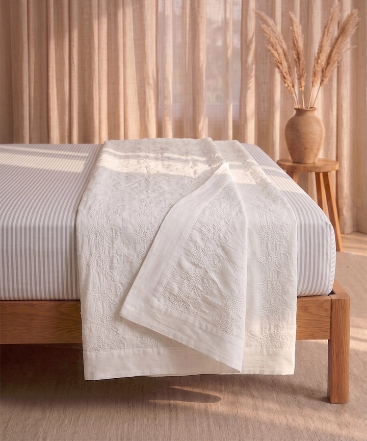 Off White Embroidered Cotton Double Dohar with flannel layer inside