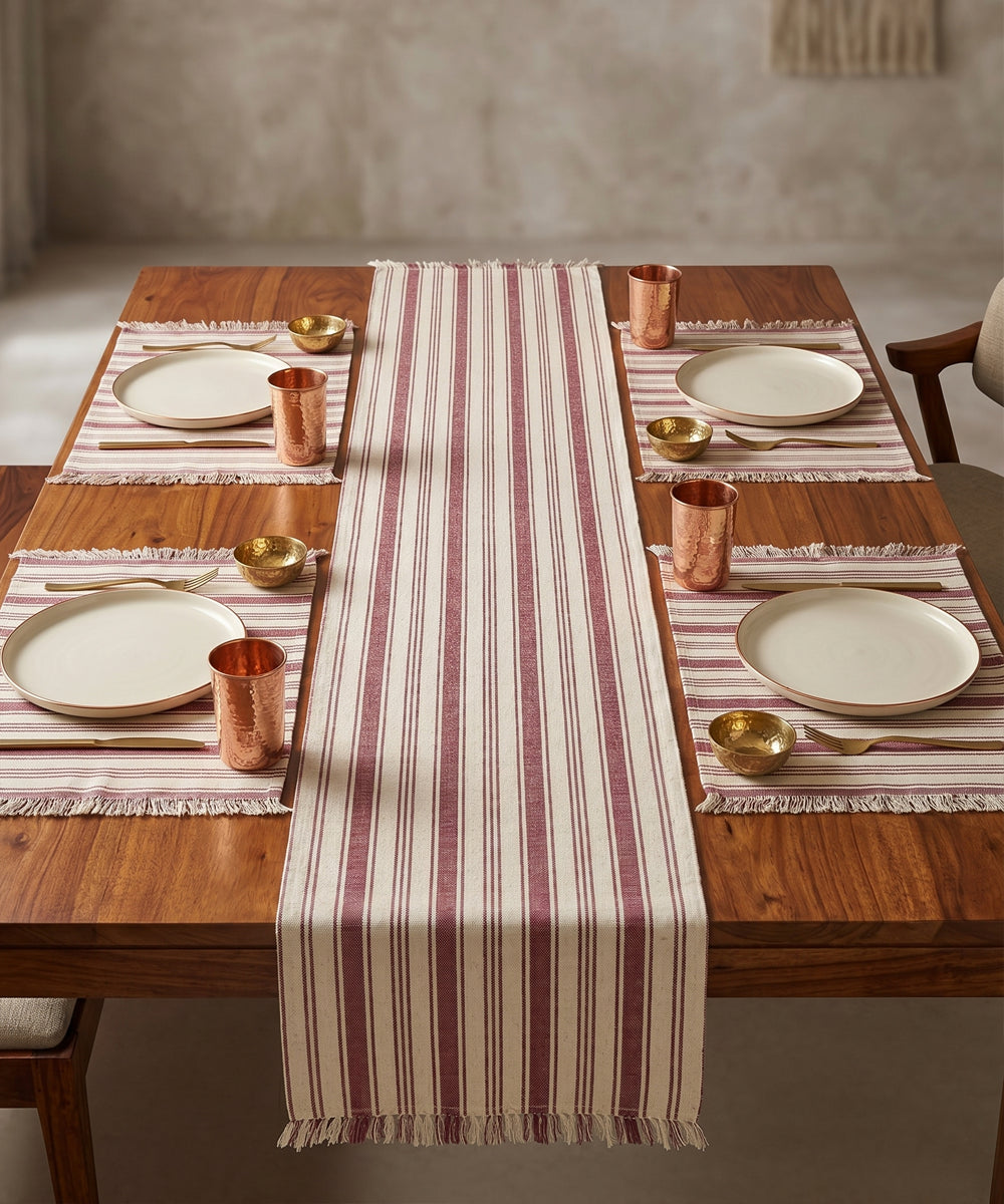 Set of 4 pcs Table Mats with 1 pc Table Runner | Burgundy Printed Stripe Cotton