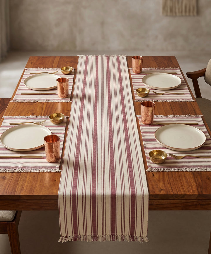 Set of 4 pcs Table Mats with 1 pc Table Runner | Burgundy Printed Stripe Cotton