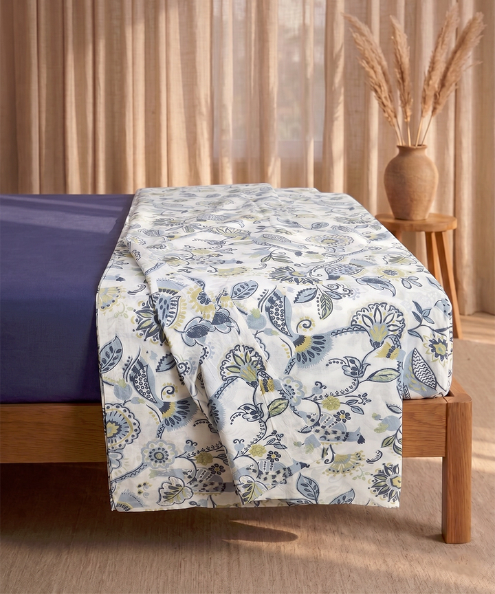 Blue & Green Floral Printed Cotton Double Dohar
