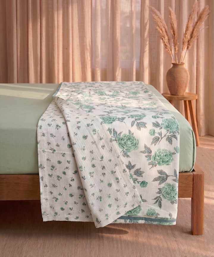 White & Green Floral Printed Cotton Single Dohar