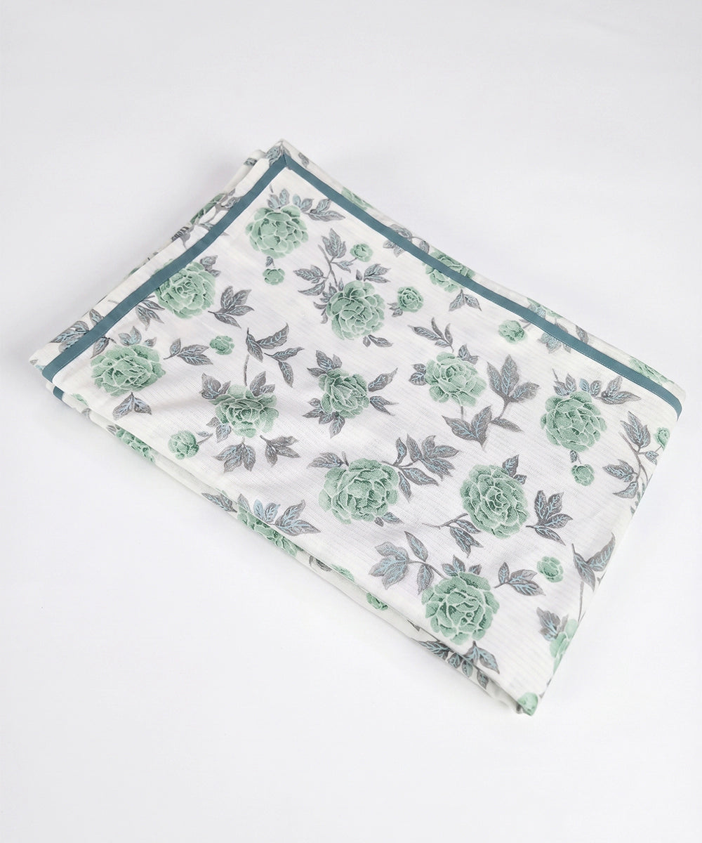 White & Green Floral Printed Cotton Single Dohar