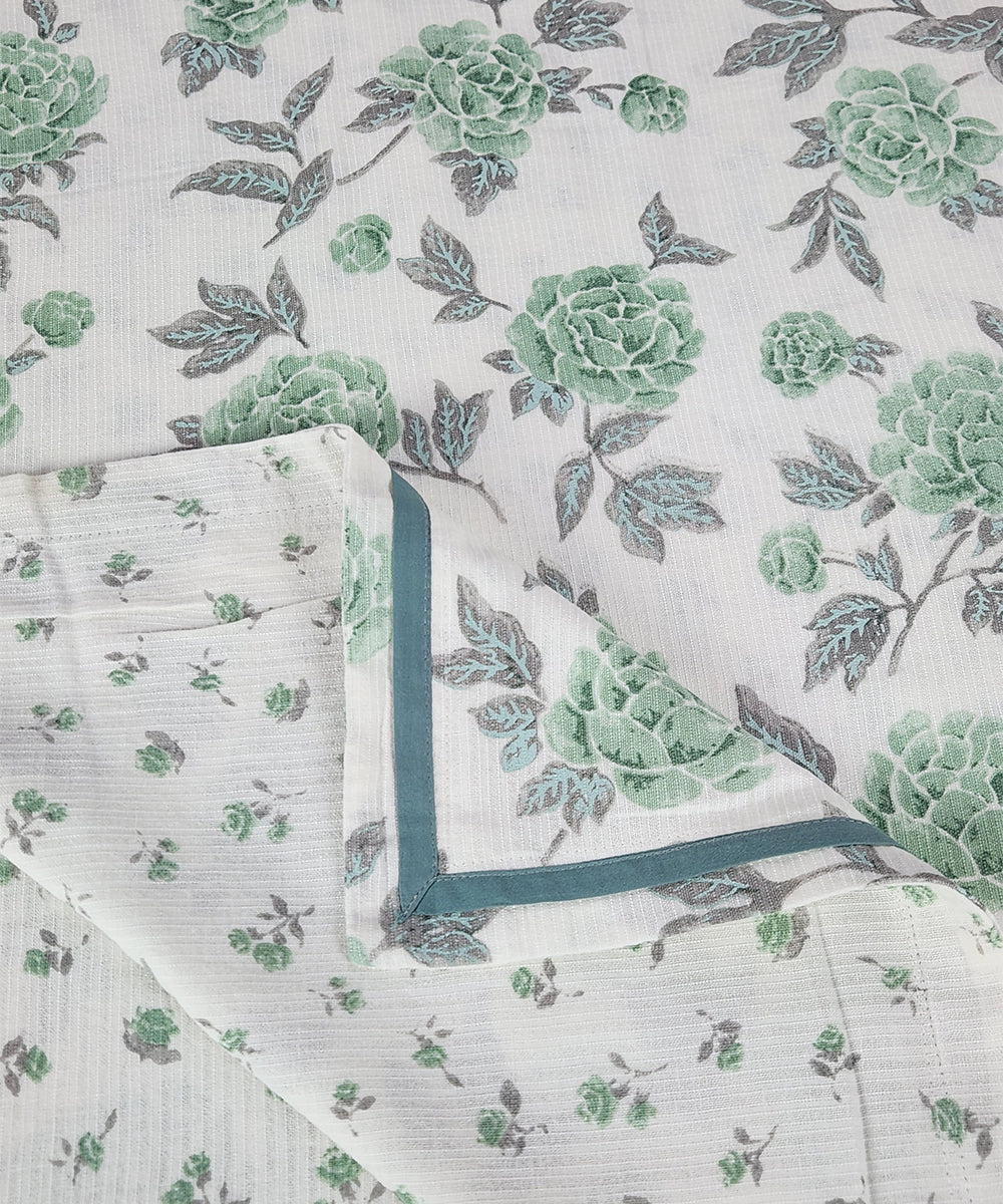 White & Green Floral Printed Cotton Single Dohar