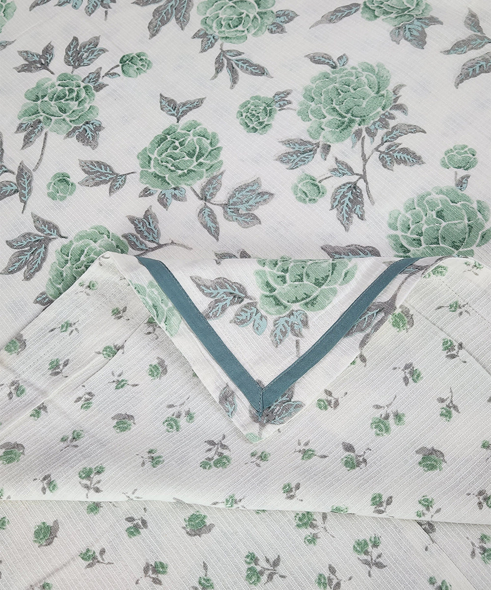 White & Green Floral Printed Cotton Single Dohar