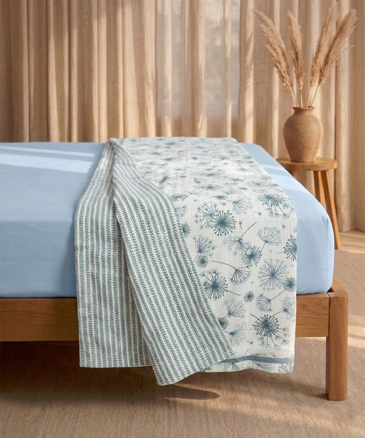 White & Blue Floral Printed Cotton Single Dohar