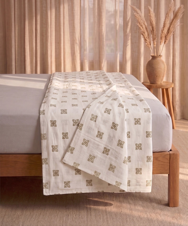Off White & Beige Printed Cotton Double Dohar with flannel layer inside