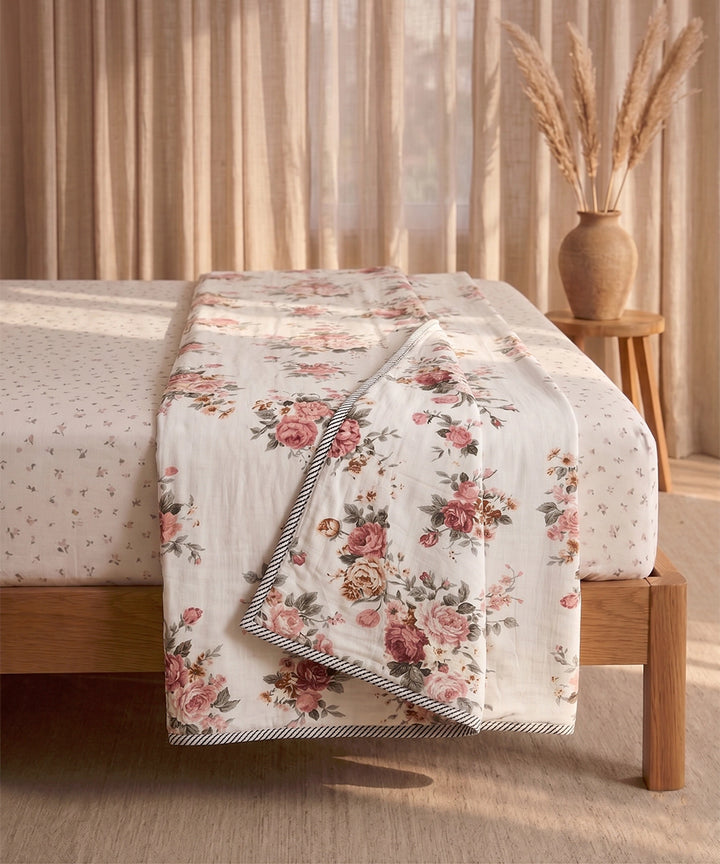 Peach & Grey Floral Printed Cotton Double Dohar with flannel layer inside
