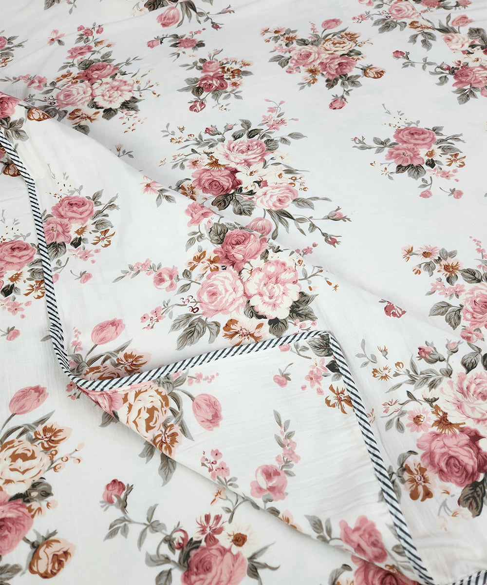 Peach & Grey Floral Printed Cotton Double Dohar with flannel layer inside