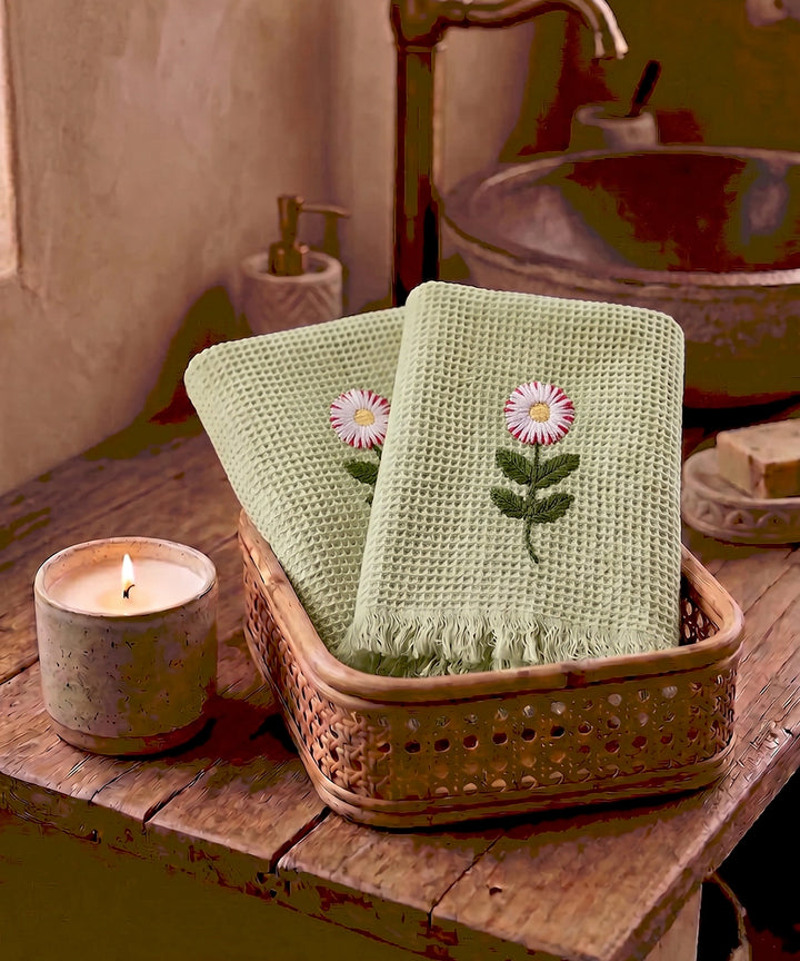 Embroidered Hand Towel - Set of 2 pcs in Soft Cotton Waffle | Green