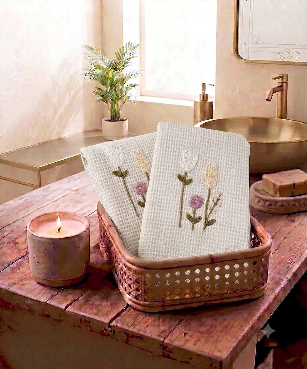 Embroidered Hand Towel - Set of 2 pcs in Soft Cotton Waffle | Beige