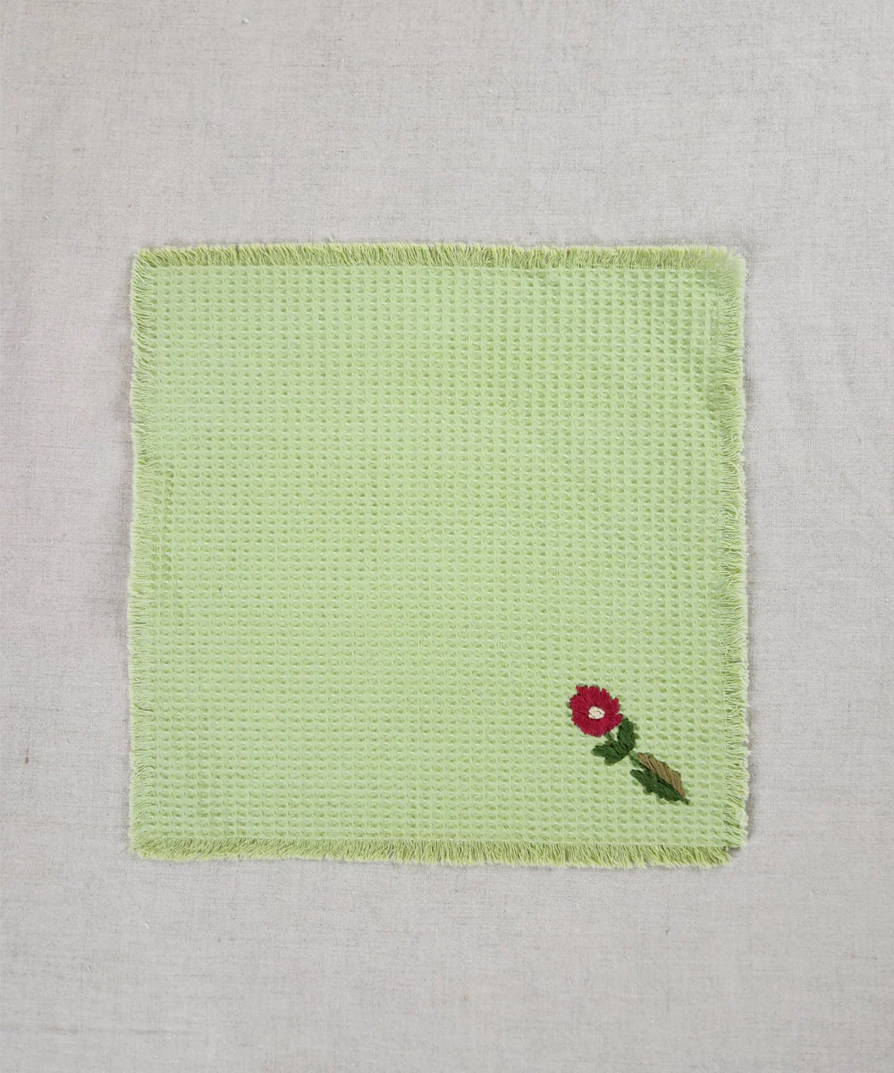 Embroidered 4 pcs Face and 2 pcs Hand Towel Set | Cotton Waffle | Sage Green