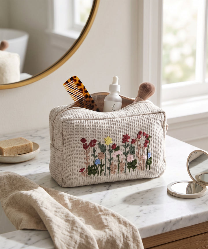 Beige Berry Bloom Hand Embroidered Cotton Waffle Pouch