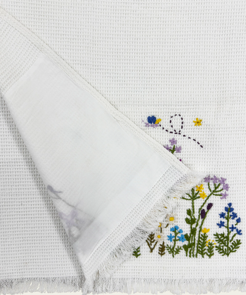 Embroidered Bath Towel | Soft Cotton Waffle | White