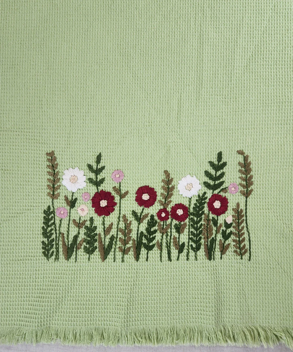 Embroidered 1 Pc Bath and 2 Pcs Hand Towel Set | Cotton Waffle Fabric | Sage Green