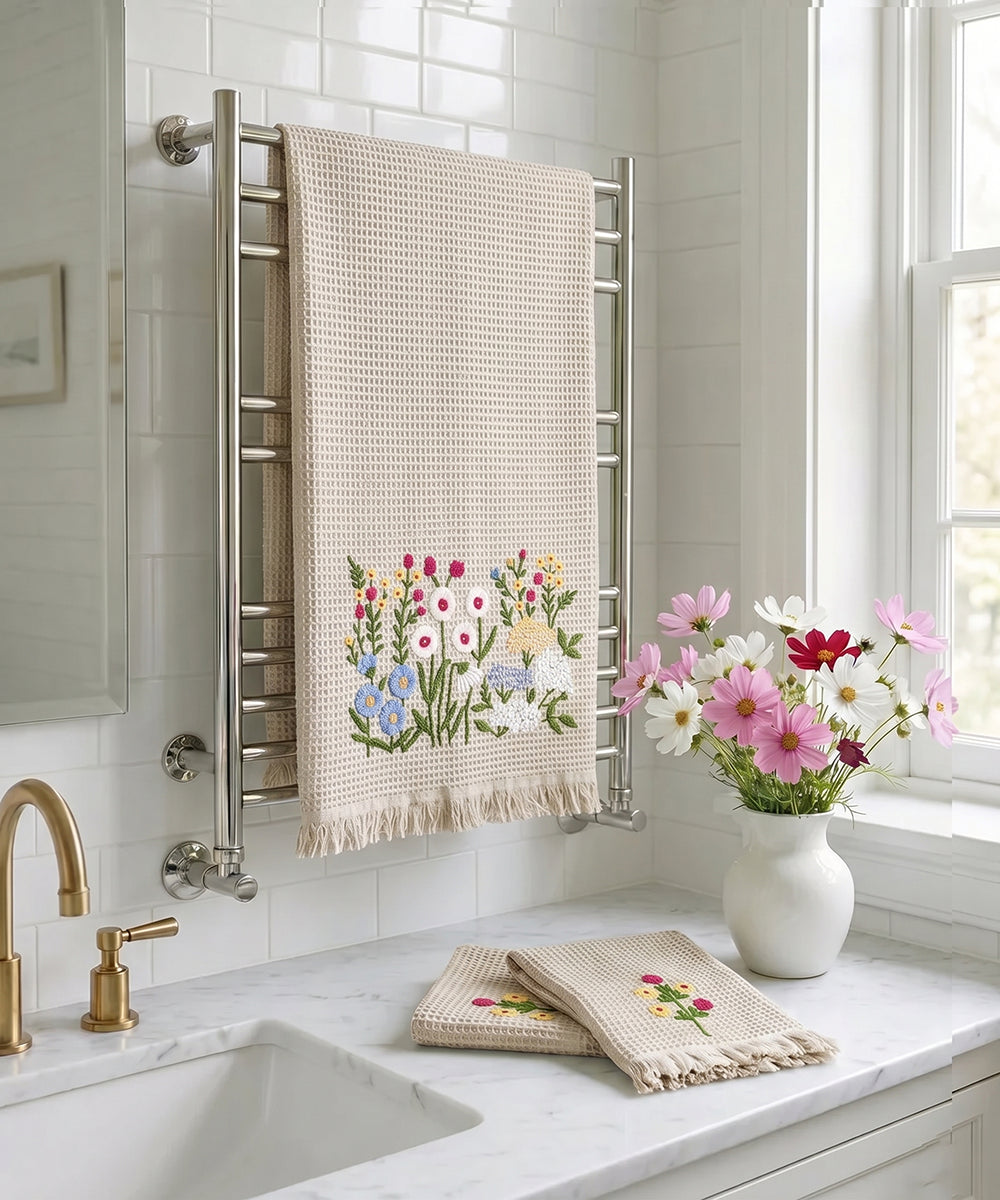 Embroidered 1 Pc Bath and 2 Pcs Hand Towel Set | Cotton Waffle Fabric | Beige