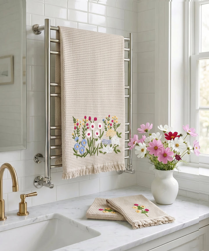 Embroidered 1 Pc Bath and 2 Pcs Hand Towel Set | Cotton Waffle Fabric | Beige