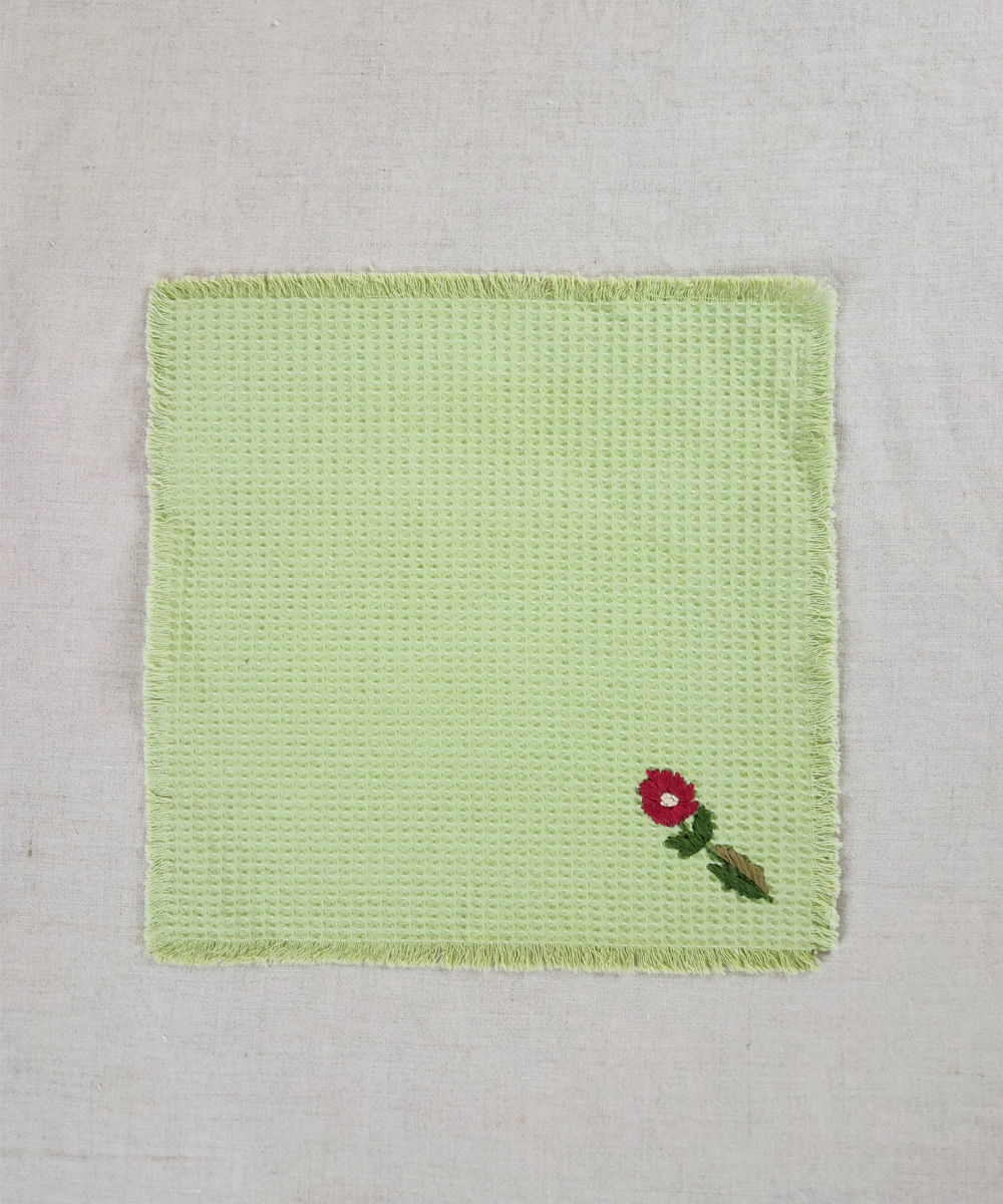 Embroidered Face Towel - Set of 4 pcs in Soft Cotton Waffle | Sage Green