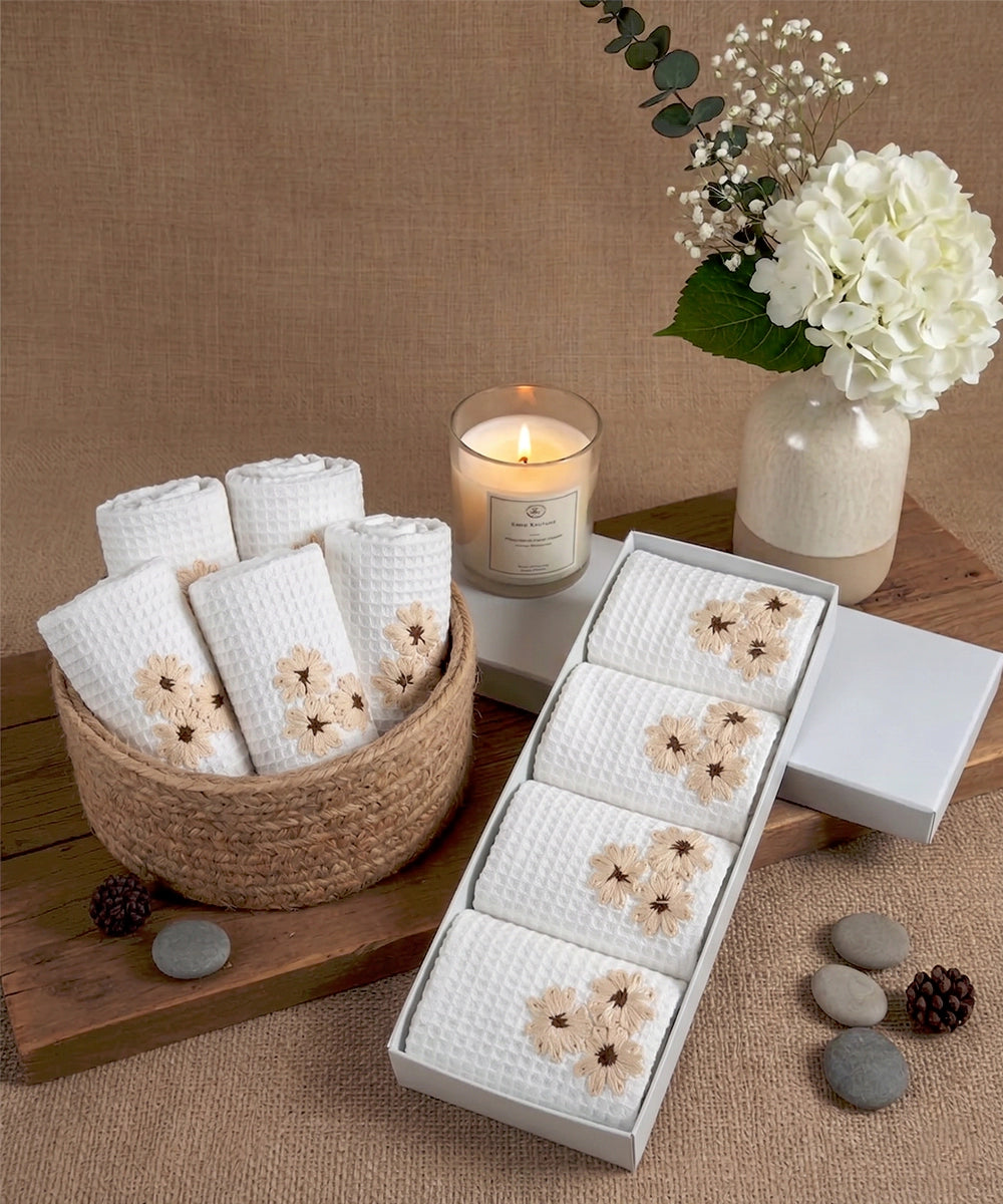 Embroidered Face Towel - Set of 4 pcs in Soft Cotton Waffle | White
