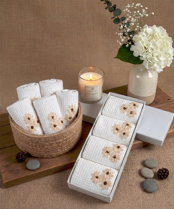 Embroidered Face Towel - Set of 4 pcs in Soft Cotton Waffle | White