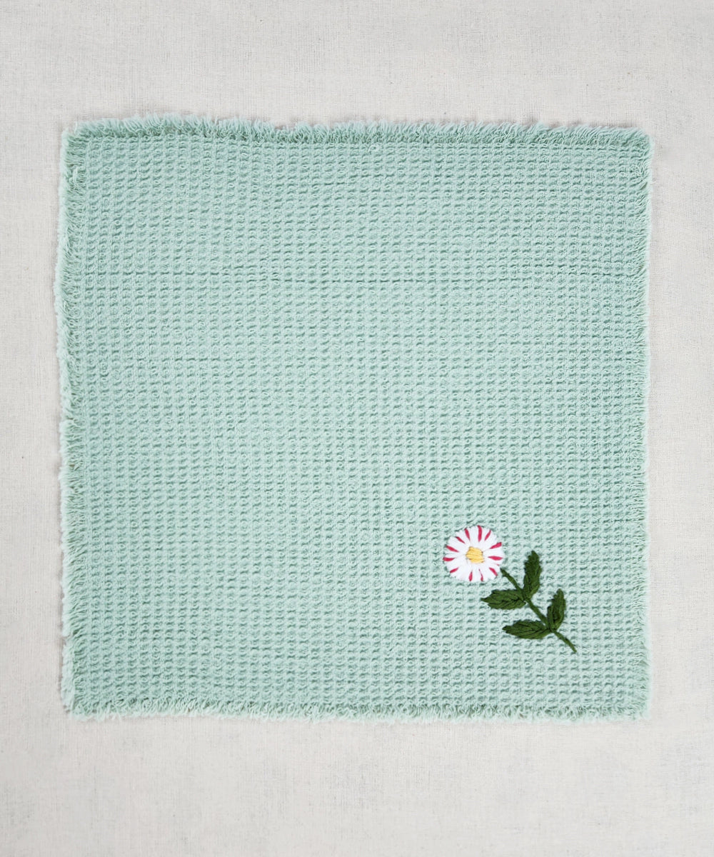Embroidered Face Towel - Set of 4 pcs in Soft Cotton Waffle | Light Sage Green
