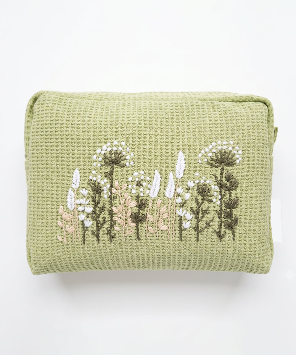 Sage Green Floral Whispers Hand Embroidered Cotton Waffle Pouch