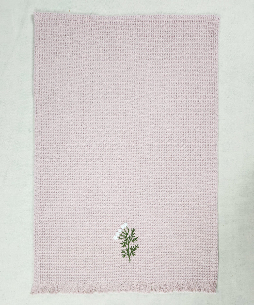 Embroidered Hand Towel - Set of 2 pcs in Cotton Waffle | Boho Bloom Dusty Pink