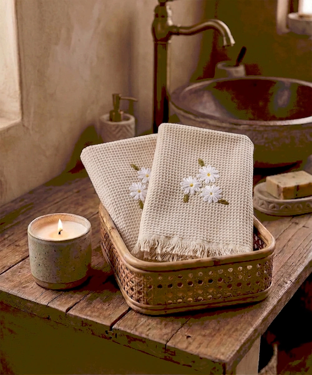 Embroidered Hand Towel - Set of 2 pcs in Soft Cotton Waffle | Beige