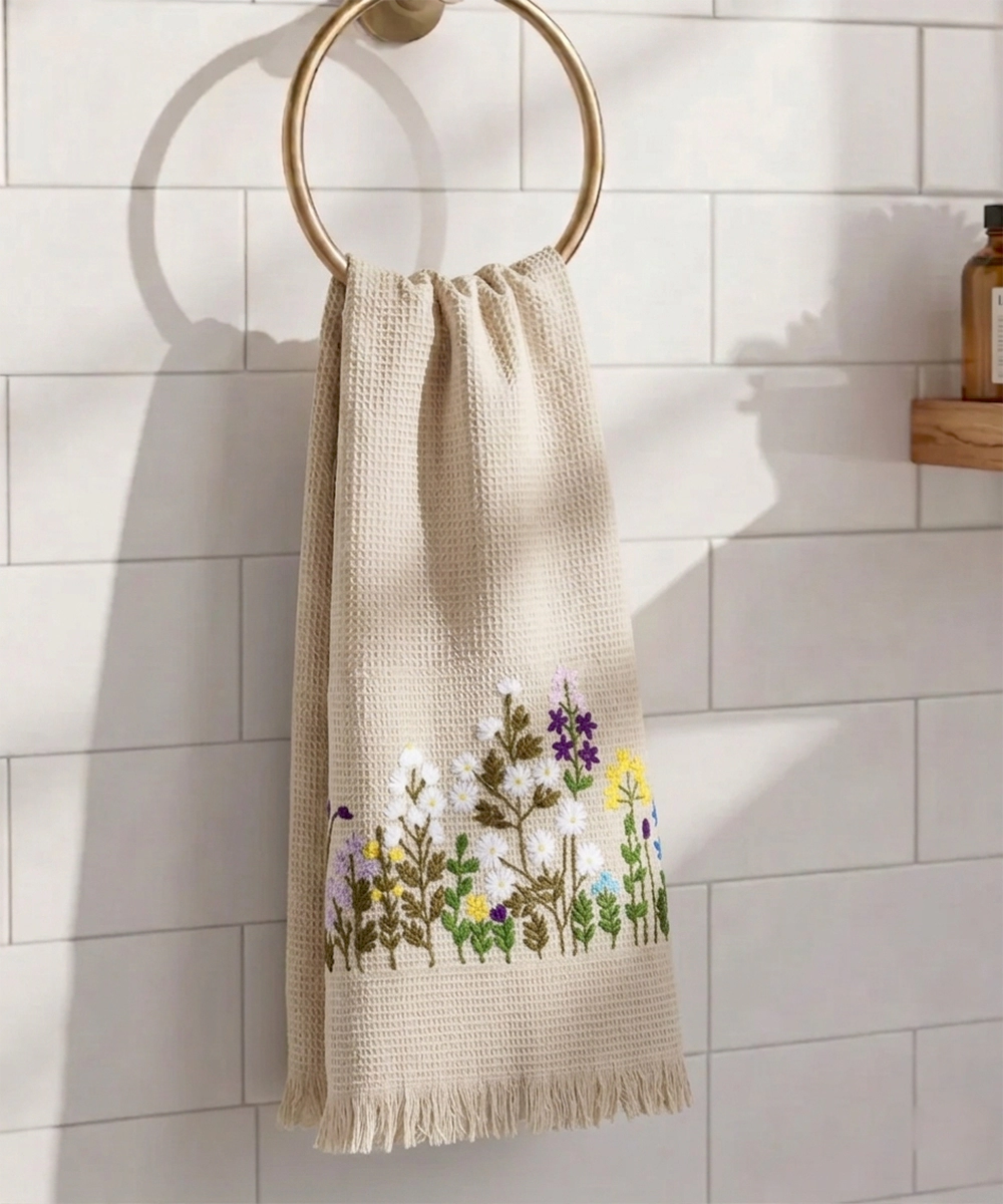 Embroidered Bath Towel | Soft Cotton Waffle | Beige