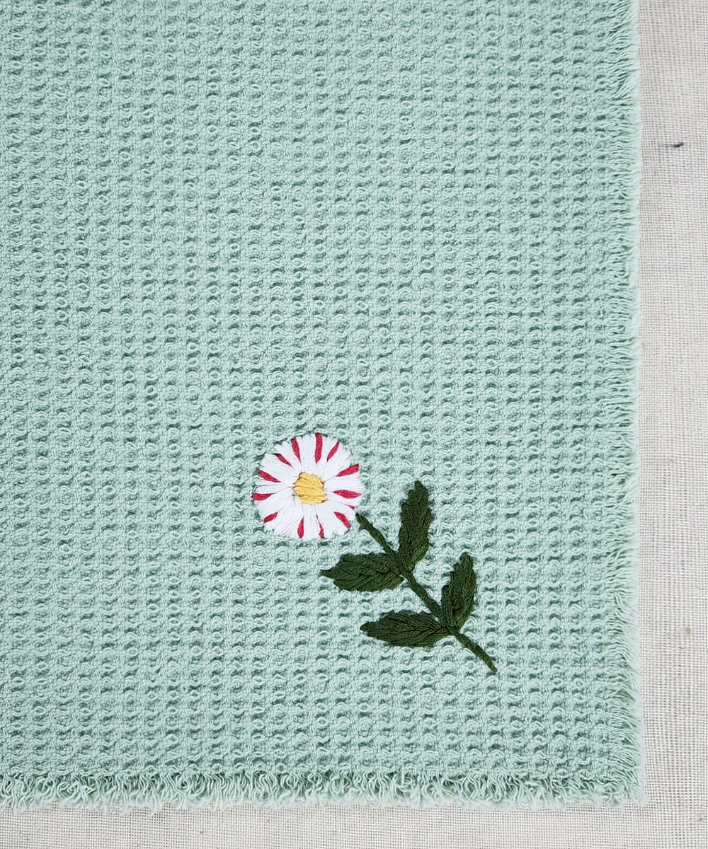 Embroidered Face Towel - Set of 4 pcs in Soft Cotton Waffle | Light Sage Green