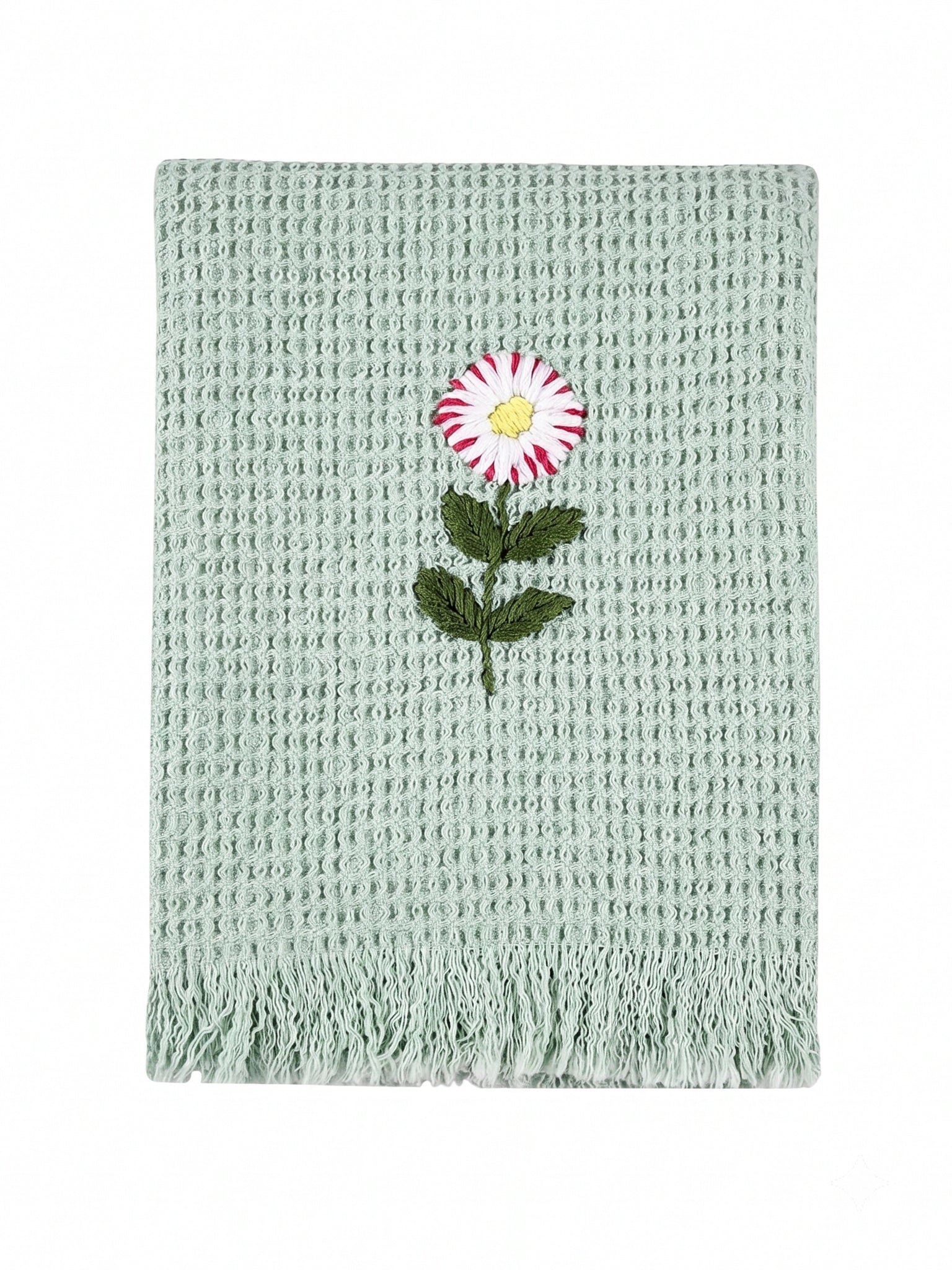 Embroidered Hand Towel - Set of 2 pcs in Soft Cotton Waffle | Light Green