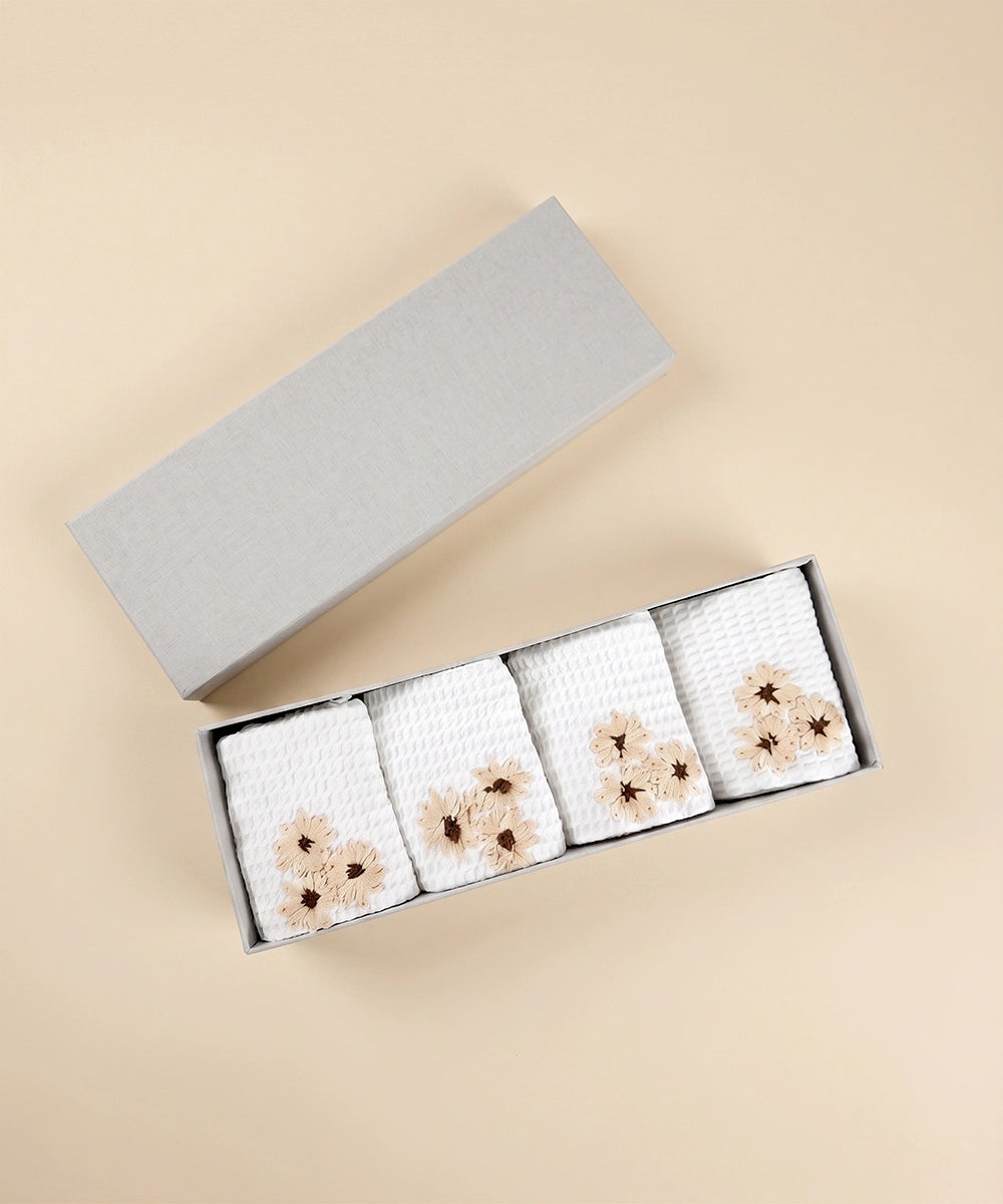 Embroidered Face Towel - Set of 4 pcs in Soft Cotton Waffle | White