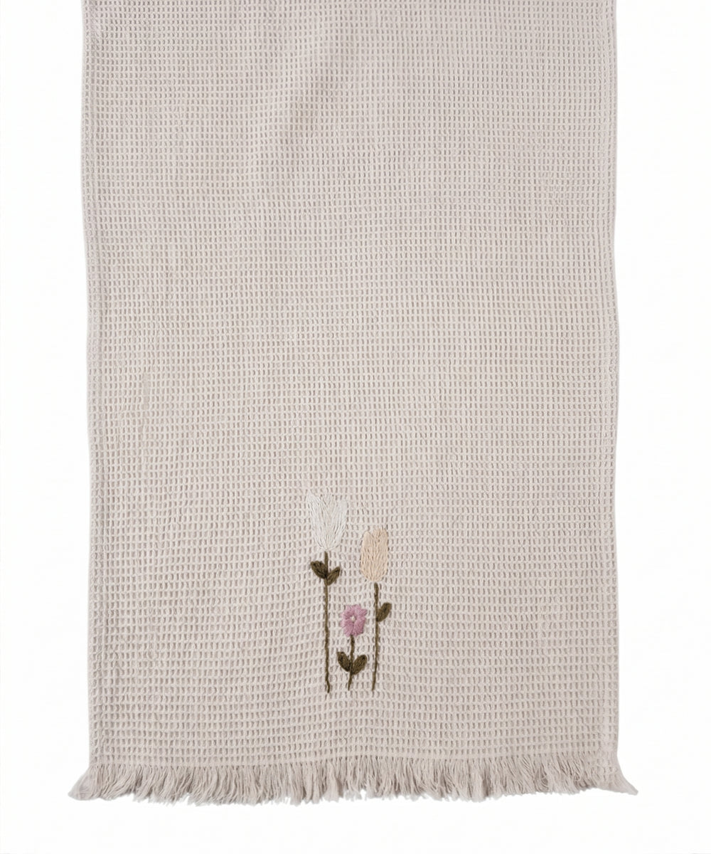 Embroidered Hand Towel - Set of 2 pcs in Soft Cotton Waffle | Beige
