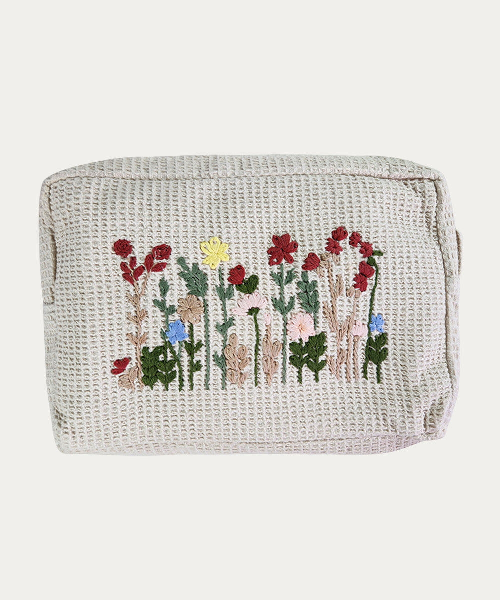 Beige Berry Bloom Hand Embroidered Cotton Waffle Pouch
