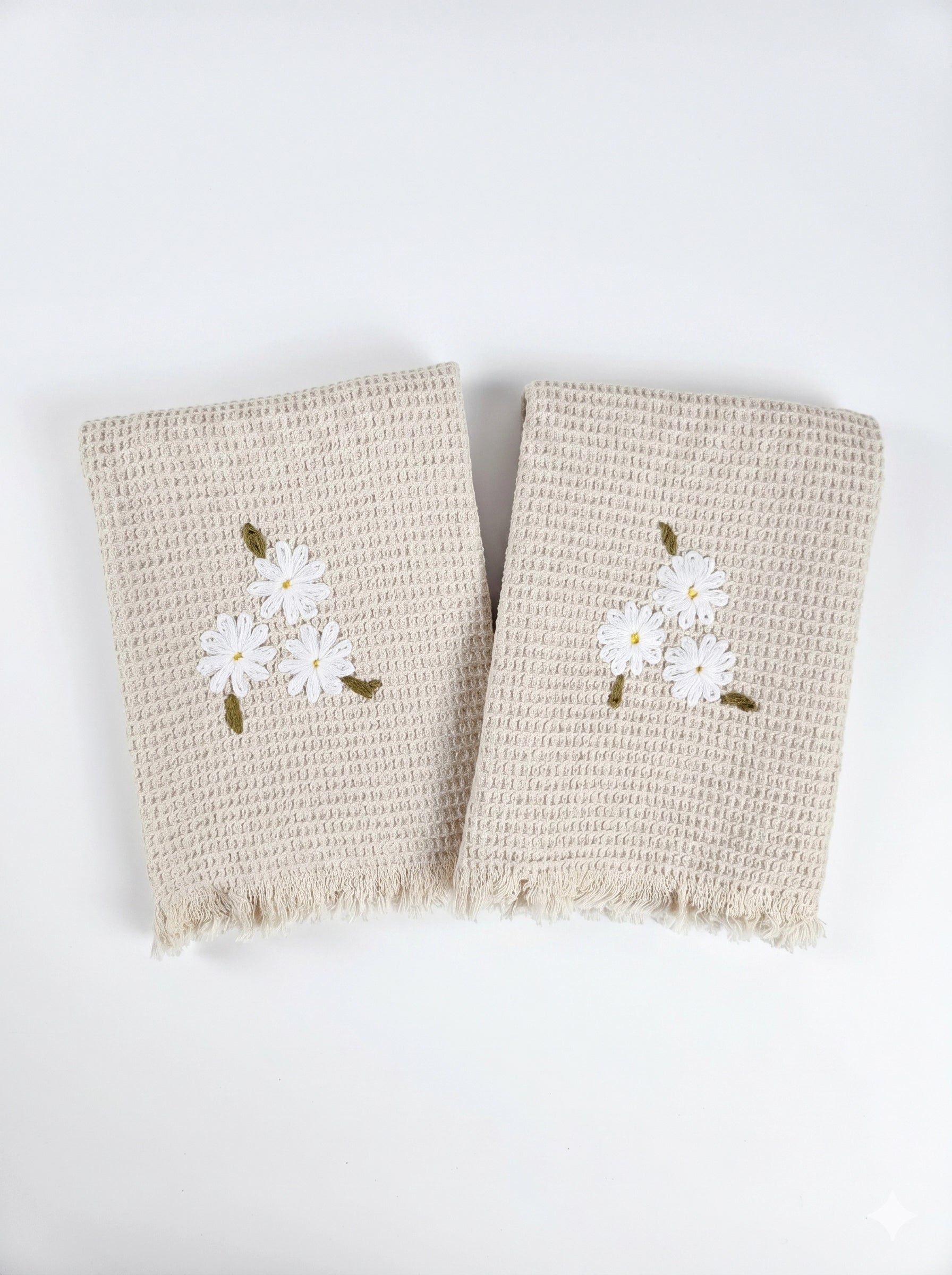 Embroidered Hand Towel - Set of 2 pcs in Soft Cotton Waffle | Beige