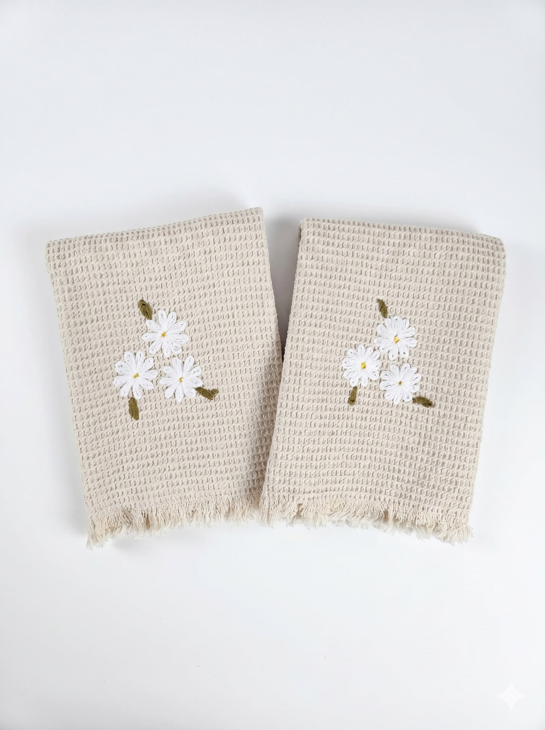 Embroidered Hand Towel - Set of 2 pcs in Soft Cotton Waffle | Beige