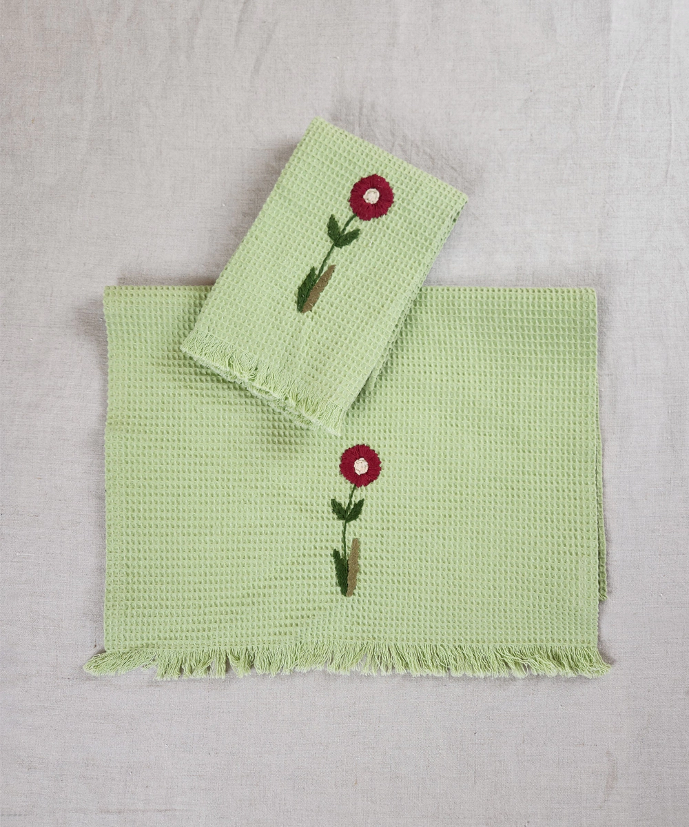 Embroidered Hand Towel - Set of 2 pcs in Soft Cotton Waffle | Sage Green