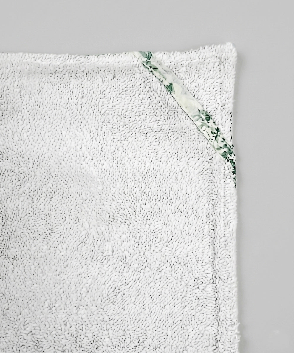 Printed 1 pc Bath + 2 pcs Hand Towel Set | Printed Cotton Front with Light Weight White Terry Back | Off White with green floral print
